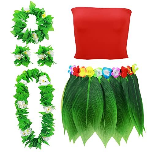 Yahenda 6 Pcs Hawaiian Woman Costume Leaf Hula Skirt with Crop Top Flower Necklace and Leis Outfits for Summer Luau Party (Medium) - Image 1