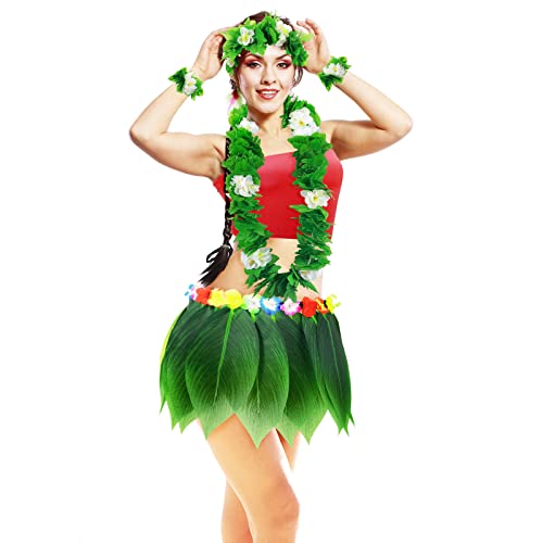Yahenda 6 Pcs Hawaiian Woman Costume Leaf Hula Skirt with Crop Top Flower Necklace and Leis Outfits for Summer Luau Party (Medium) - Image 4