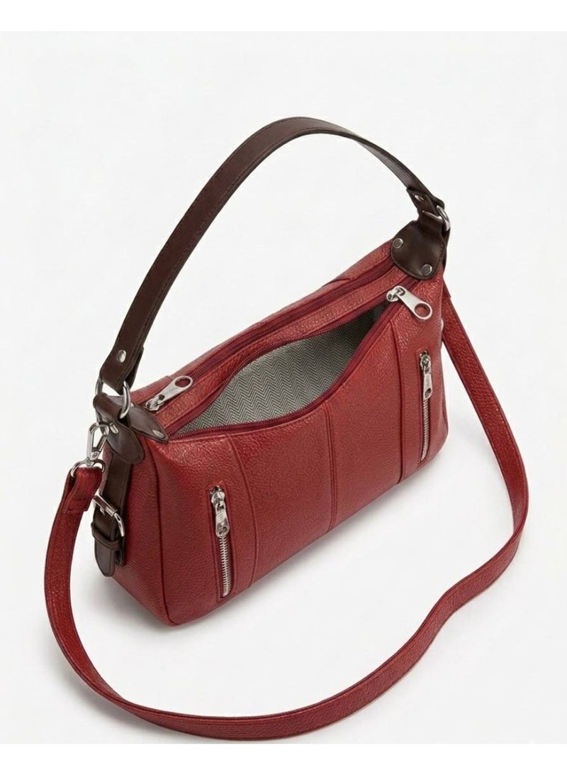 Women’s burgundy Shoulder & Crossbody Leather Bag with Multi-Pocket Design - Image 3