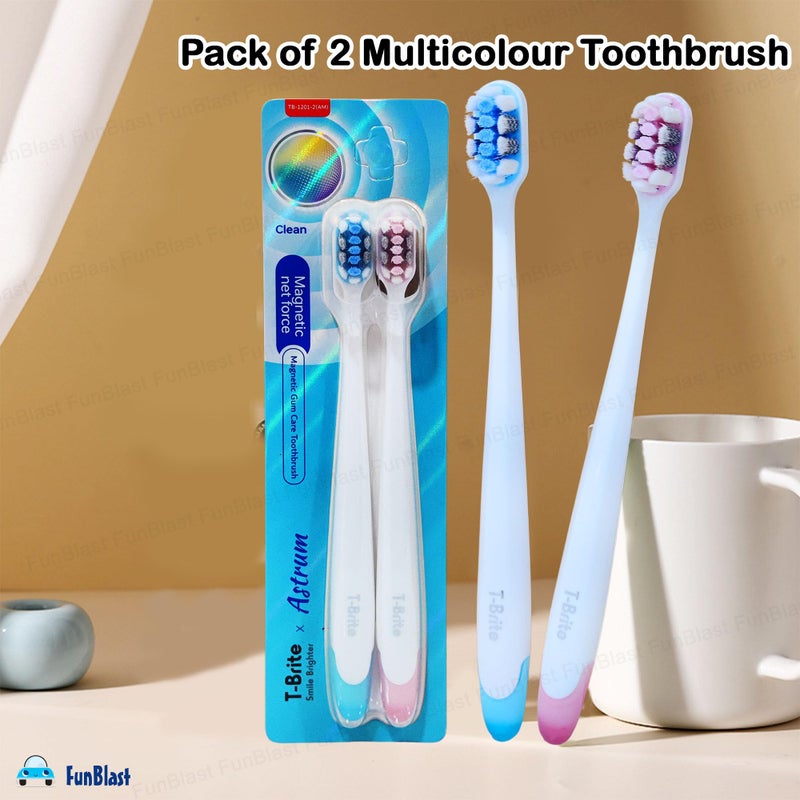 FunBlast Tooth Brush Set - Pack of 2 Pcs Toothbrushes for Kids & Adults, Magnetic Gum Care Toothbrush for Sensitive Teeth, Toothbrush Soft Bristles Manual Tooth Brush for Adults (Multicolour) (2) - Image 3