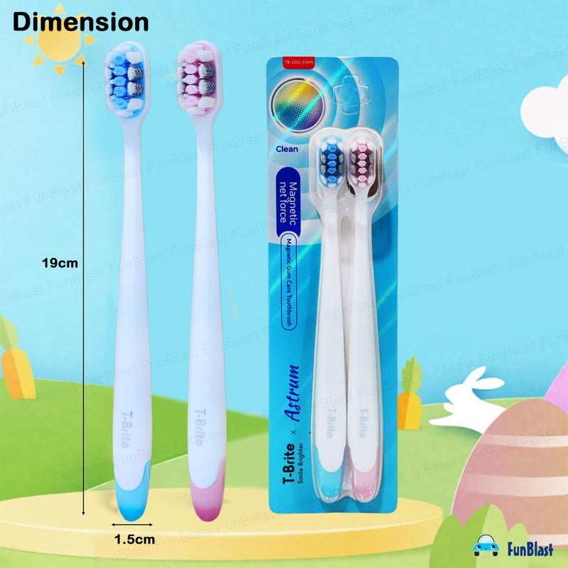 FunBlast Tooth Brush Set - Pack of 2 Pcs Toothbrushes for Kids & Adults, Magnetic Gum Care Toothbrush for Sensitive Teeth, Toothbrush Soft Bristles Manual Tooth Brush for Adults (Multicolour) (2) - Image 2