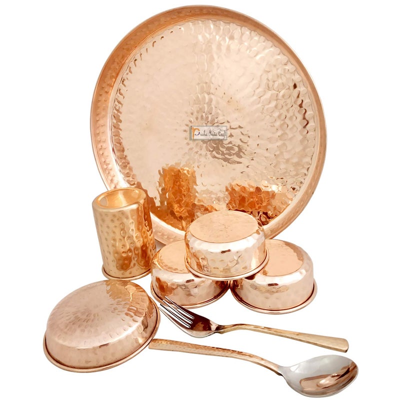Prisha India Craft Prisha India Craft Hammered Design Pure Copper Dinner Thali Set 16 Pieces Service for 2  - Image 3