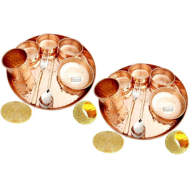 Prisha India Craft Prisha India Craft Hammered Design Pure Copper Dinner Thali Set 16 Pieces Service for 2  - Image 1