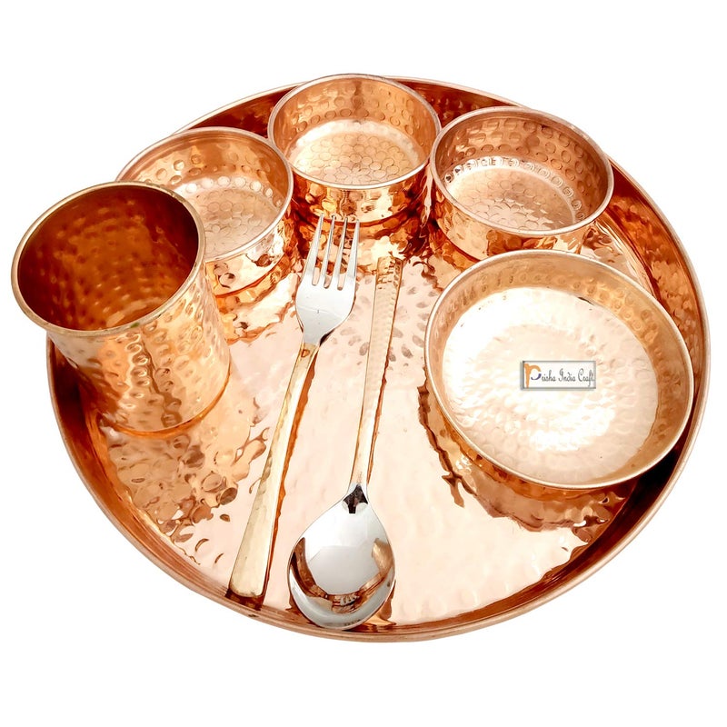 Prisha India Craft Prisha India Craft Hammered Design Pure Copper Dinner Thali Set 16 Pieces Service for 2  - Image 4