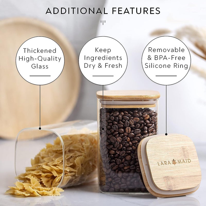 bellemax 1200ML Squer Glass Food Storage Containers with Airtight Bamboo Lid Thickened Coffee Storage Jars for Home Kitchen Pantry Tea Spices Snack GPG161200ML Set of 6 - Image 3