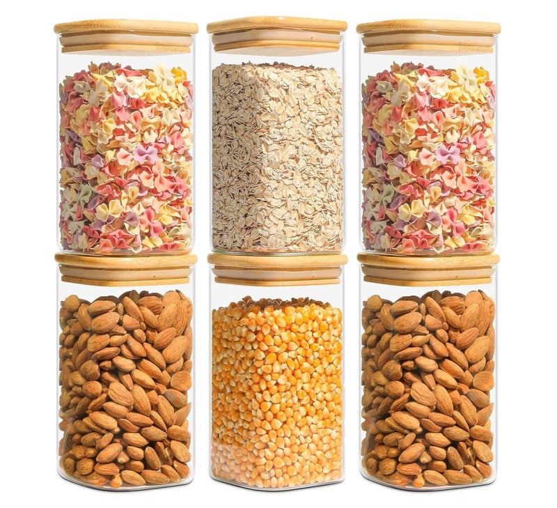 bellemax 1200ML Squer Glass Food Storage Containers with Airtight Bamboo Lid Thickened Coffee Storage Jars for Home Kitchen Pantry Tea Spices Snack GPG161200ML Set of 6 - Image 1