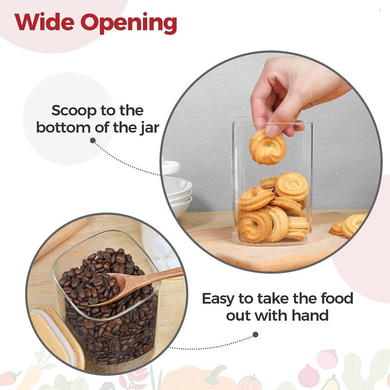 bellemax 1200ML Squer Glass Food Storage Containers with Airtight Bamboo Lid Thickened Coffee Storage Jars for Home Kitchen Pantry Tea Spices Snack GPG161200ML Set of 6 - Image 4