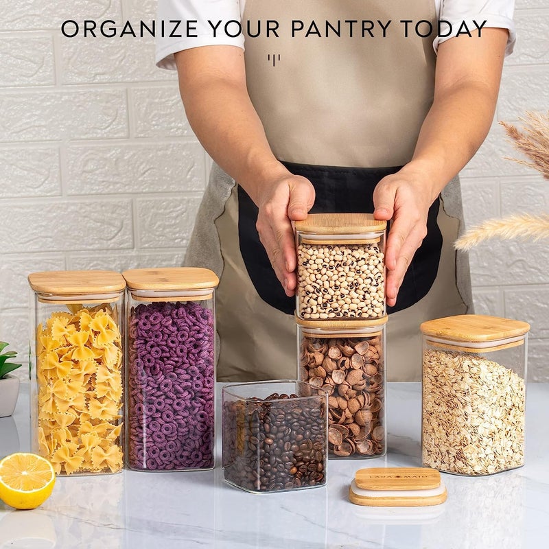 bellemax 1200ML Squer Glass Food Storage Containers with Airtight Bamboo Lid Thickened Coffee Storage Jars for Home Kitchen Pantry Tea Spices Snack GPG161200ML Set of 6 - Image 5