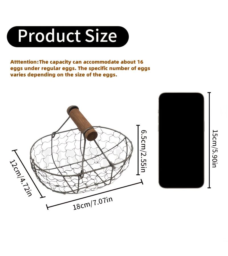 Beige Rustic Farmhouse Mini Egg Basket Heavy Duty Iron Wood Wire Storage With Ergonomic Handle Space Saving Oval Design Holds 24 Eggs Bread Fruit Vegetables No Assembly Needed Country Kitchen Living Room Decor Pantry Essentials Vintage Aesthetic Sturdy Construction Home Organizer Small Space Solution Basket For Storing Bread - Image 3