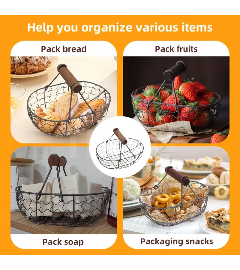 Beige Rustic Farmhouse Mini Egg Basket Heavy Duty Iron Wood Wire Storage With Ergonomic Handle Space Saving Oval Design Holds 24 Eggs Bread Fruit Vegetables No Assembly Needed Country Kitchen Living Room Decor Pantry Essentials Vintage Aesthetic Sturdy Construction Home Organizer Small Space Solution Basket For Storing Bread - Image 5