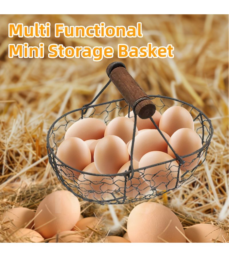 Beige Rustic Farmhouse Mini Egg Basket Heavy Duty Iron Wood Wire Storage With Ergonomic Handle Space Saving Oval Design Holds 24 Eggs Bread Fruit Vegetables No Assembly Needed Country Kitchen Living Room Decor Pantry Essentials Vintage Aesthetic Sturdy Construction Home Organizer Small Space Solution Basket For Storing Bread - Image 1
