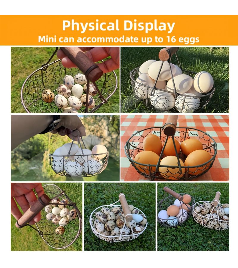 Beige Rustic Farmhouse Mini Egg Basket Heavy Duty Iron Wood Wire Storage With Ergonomic Handle Space Saving Oval Design Holds 24 Eggs Bread Fruit Vegetables No Assembly Needed Country Kitchen Living Room Decor Pantry Essentials Vintage Aesthetic Sturdy Construction Home Organizer Small Space Solution Basket For Storing Bread - Image 2
