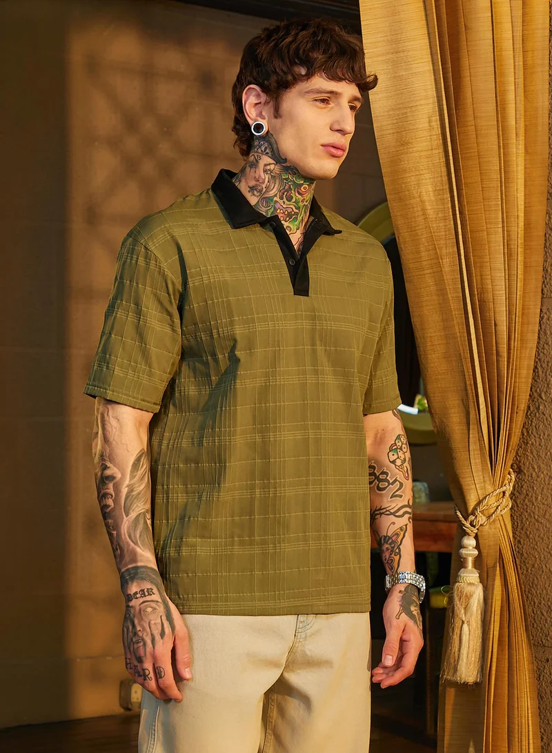 Campus Sutra Men's Olive Green & Onyx Black Contrast Grid Polo T-Shirt