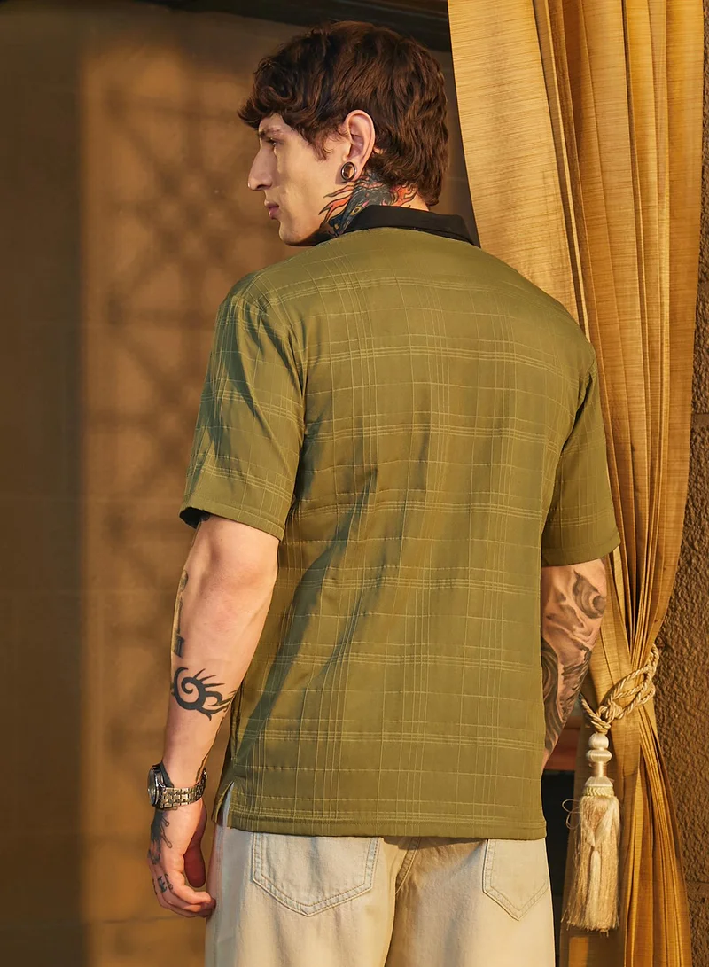 Campus Sutra Men's Olive Green & Onyx Black Contrast Grid Polo T-Shirt