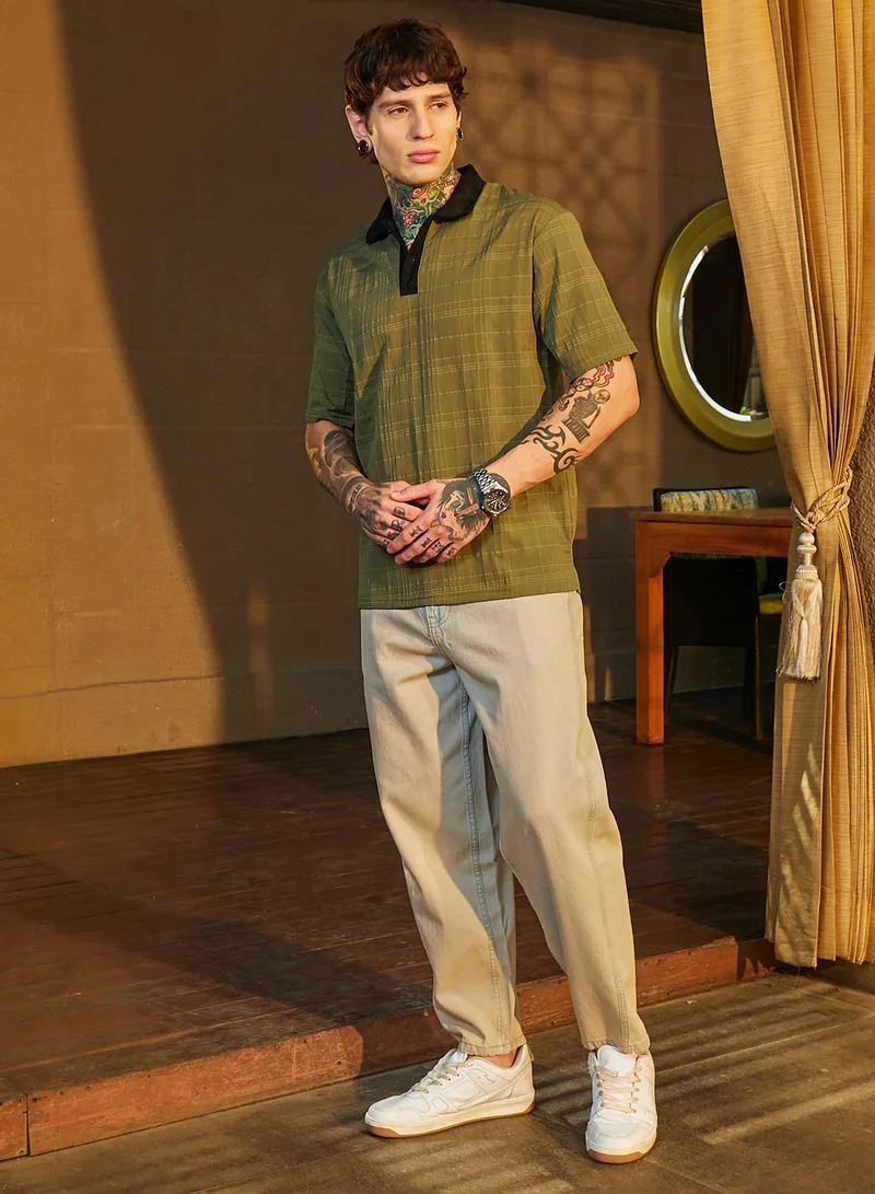 Campus Sutra Men's Olive Green & Onyx Black Contrast Grid Polo T-Shirt
