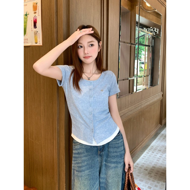 Real S Color Contrast Fake Two-Piece Short-Sleeved Women'S T-Shirt 2025 Close-Fitting Slimming Stacked Short Top - Image 3