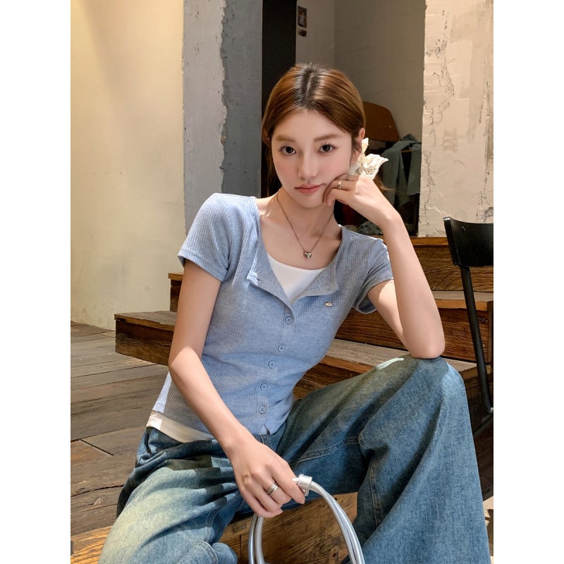 Real S Color Contrast Fake Two-Piece Short-Sleeved Women'S T-Shirt 2025 Close-Fitting Slimming Stacked Short Top - Image 4