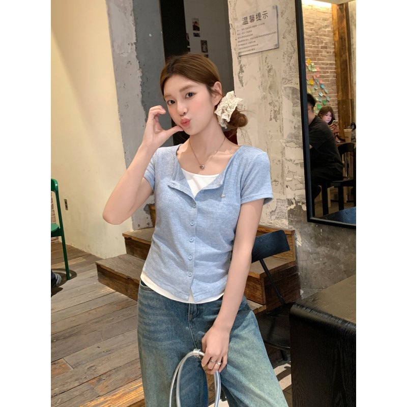 Real S Color Contrast Fake Two-Piece Short-Sleeved Women'S T-Shirt 2025 Close-Fitting Slimming Stacked Short Top - Image 1