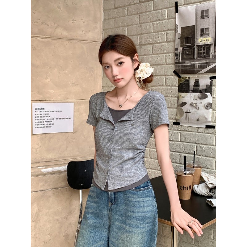Real S Color Contrast Fake Two-Piece Short-Sleeved Women'S T-Shirt 2025 Close-Fitting Slimming Stacked Short Top - Image 5