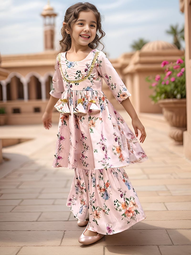 A.T.U.N. (ALL THINGS UBER NICE) A.T.U.N. Girls Ethnic Wear Sharara | Floral White and Pink Printed Kurta with Sharara Set for Girls - Image 2