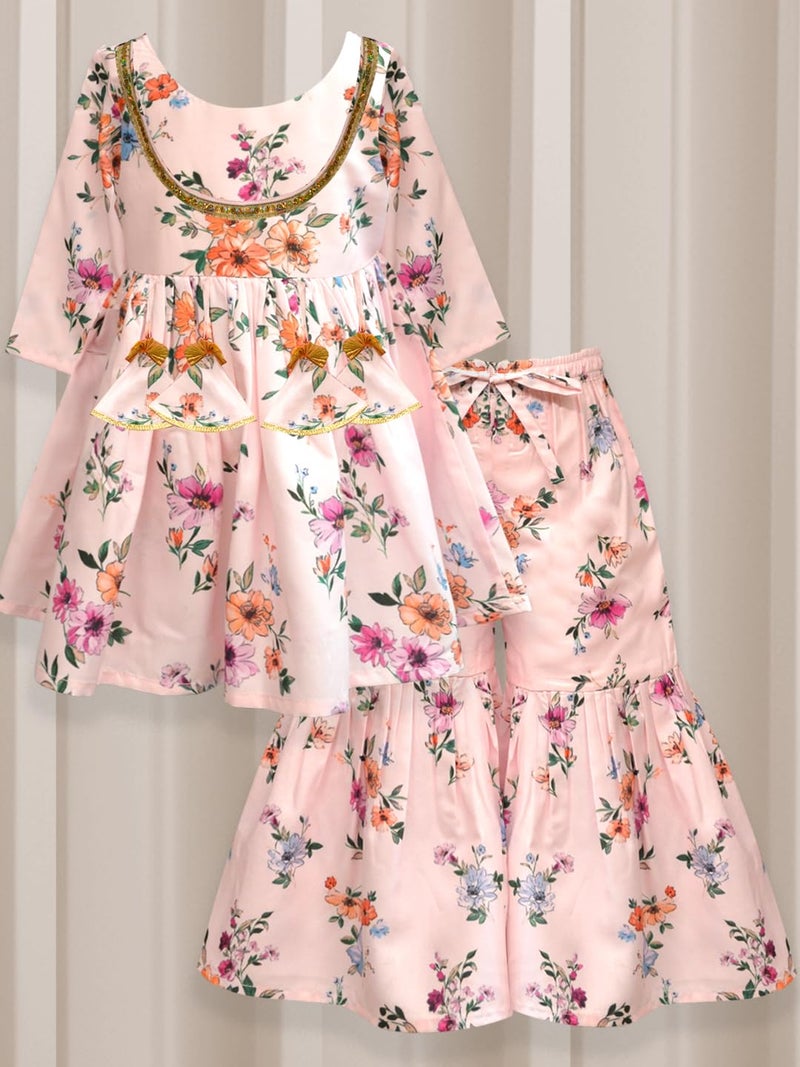 A.T.U.N. (ALL THINGS UBER NICE) A.T.U.N. Girls Ethnic Wear Sharara | Floral White and Pink Printed Kurta with Sharara Set for Girls - Image 3