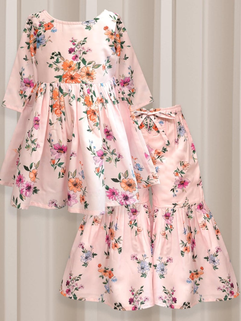 A.T.U.N. (ALL THINGS UBER NICE) A.T.U.N. Girls Ethnic Wear Sharara | Floral White and Pink Printed Kurta with Sharara Set for Girls - Image 4