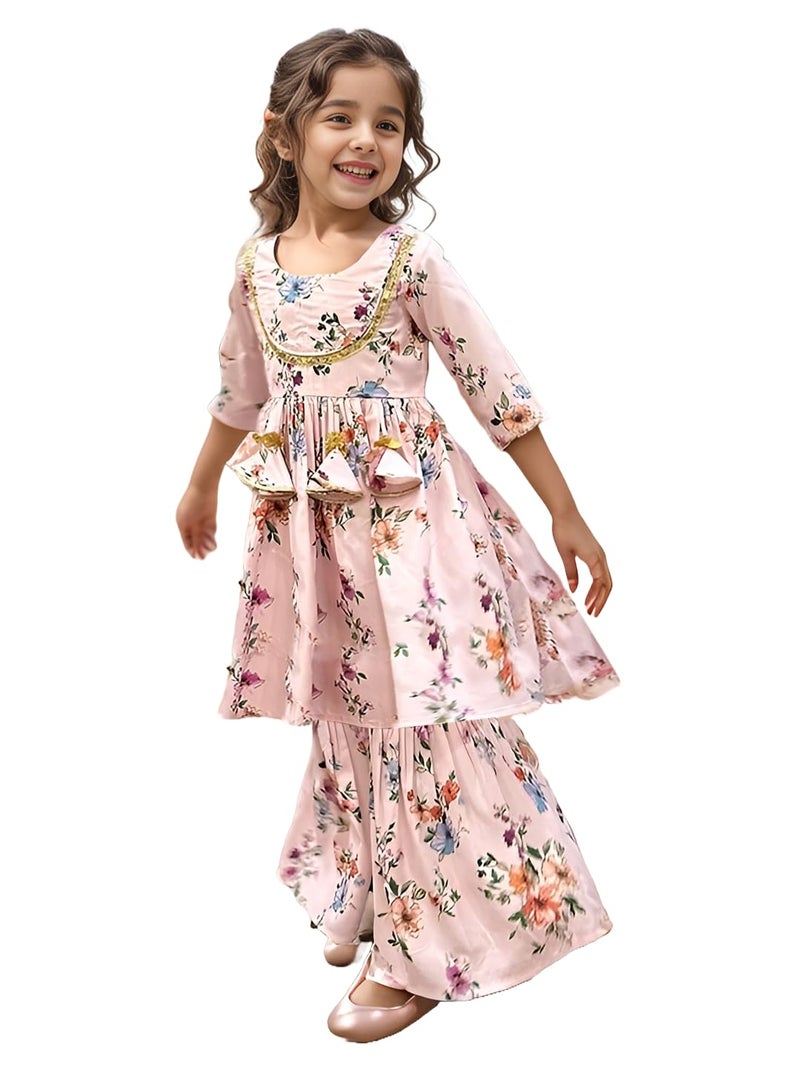 A.T.U.N. (ALL THINGS UBER NICE) A.T.U.N. Girls Ethnic Wear Sharara | Floral White and Pink Printed Kurta with Sharara Set for Girls - Image 1