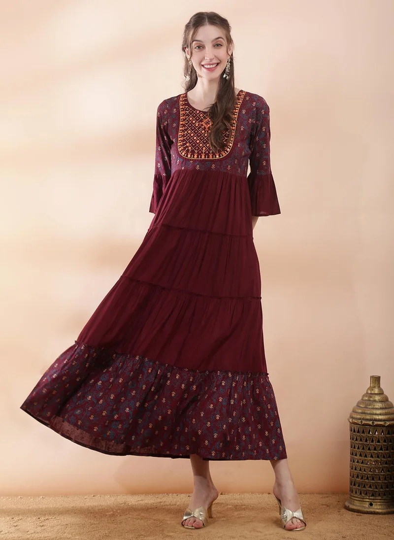 جلو باص Globus Women's Maroon Embroidered Floral Gold Foil Print Tiered Festive Ethnic Dress with Round Neck and Mirror Work