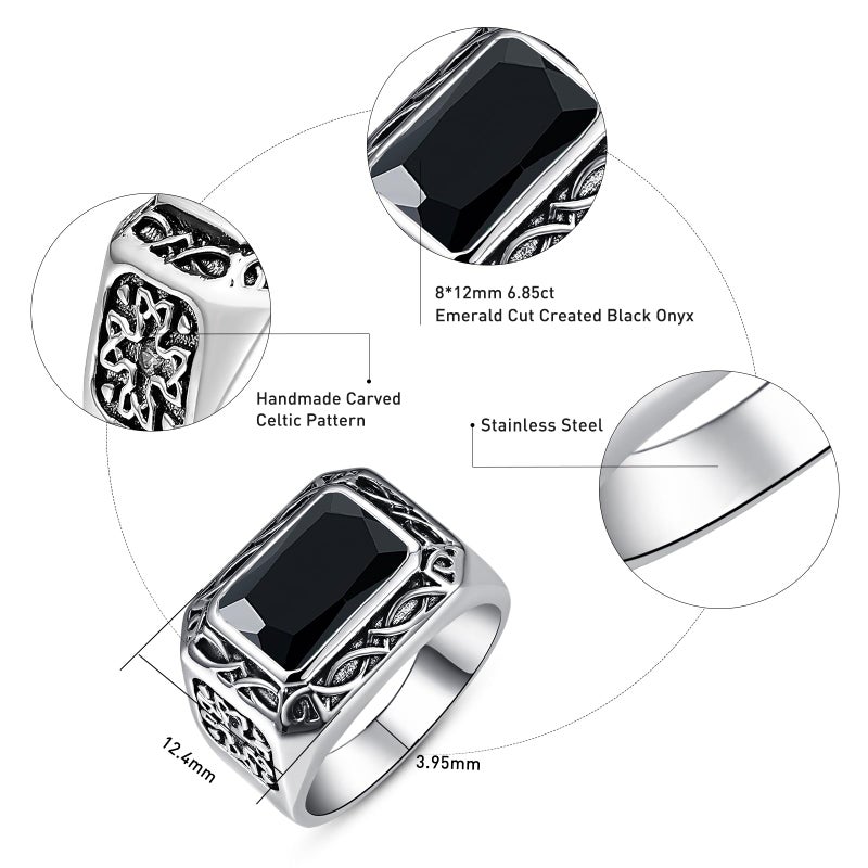 Yaresul Onyx Rings for Men Stainless Steel Mens Signet Ring Celtic Gemstone Mens Pinky Ring Vintage Wedding Band Gift for Husband, Father, Grandpa Size 10 - Image 4