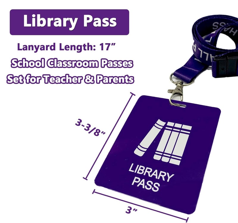 Bemaxy Hall Pass Lanyards with Card Passes,Unbreakable School Classroom Passes Set for Teacher Parents (Hall Bathroom Library Office & Nurse),5 Pcs (Library) - Image 2