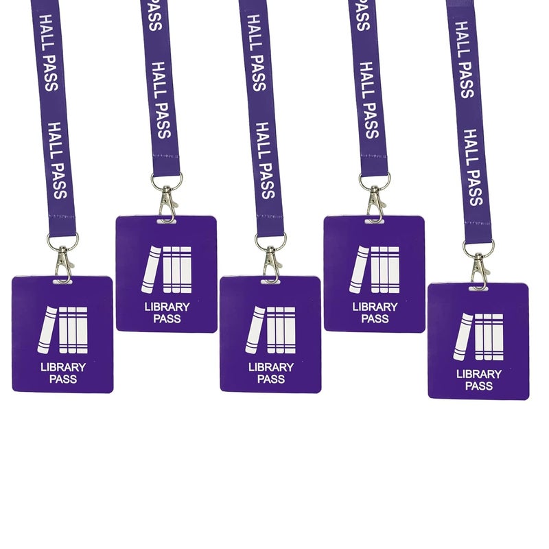 Bemaxy Hall Pass Lanyards with Card Passes,Unbreakable School Classroom Passes Set for Teacher Parents (Hall Bathroom Library Office & Nurse),5 Pcs (Library) - Image 1