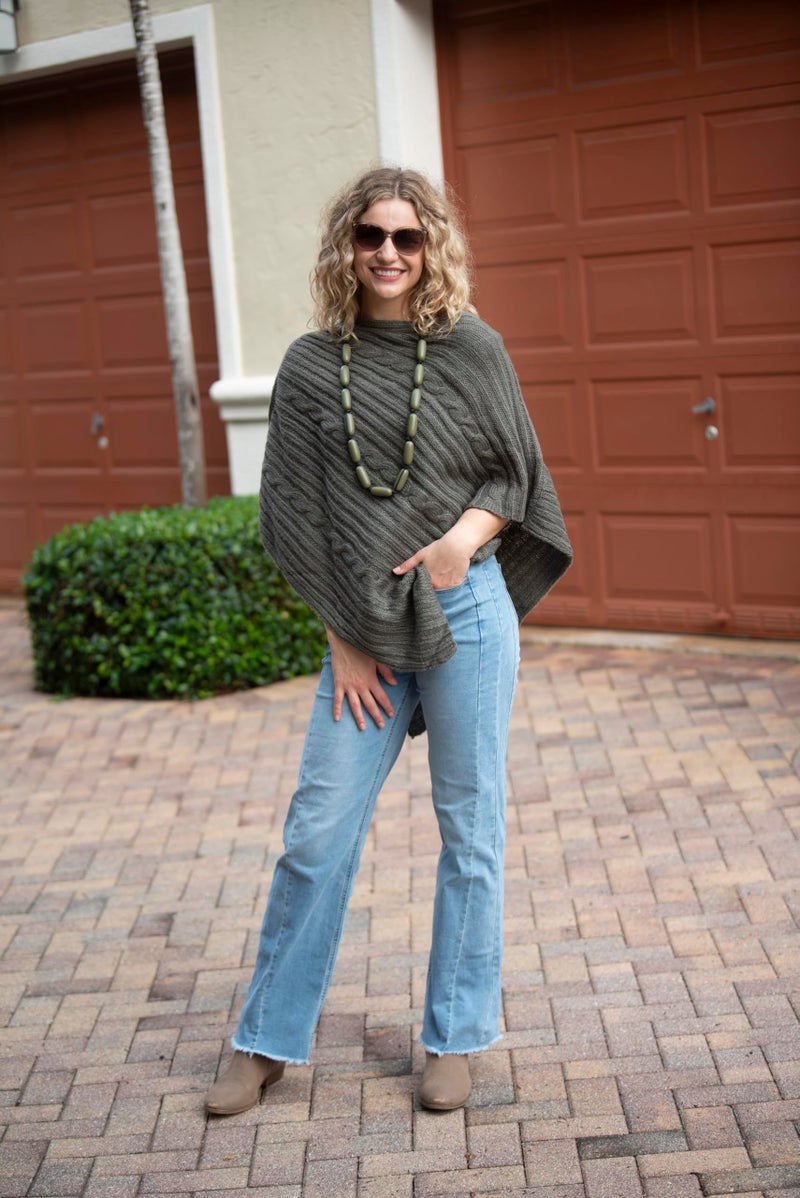 Back From Bali Olive Cable Knit Poncho Womens Sweater - Image 2