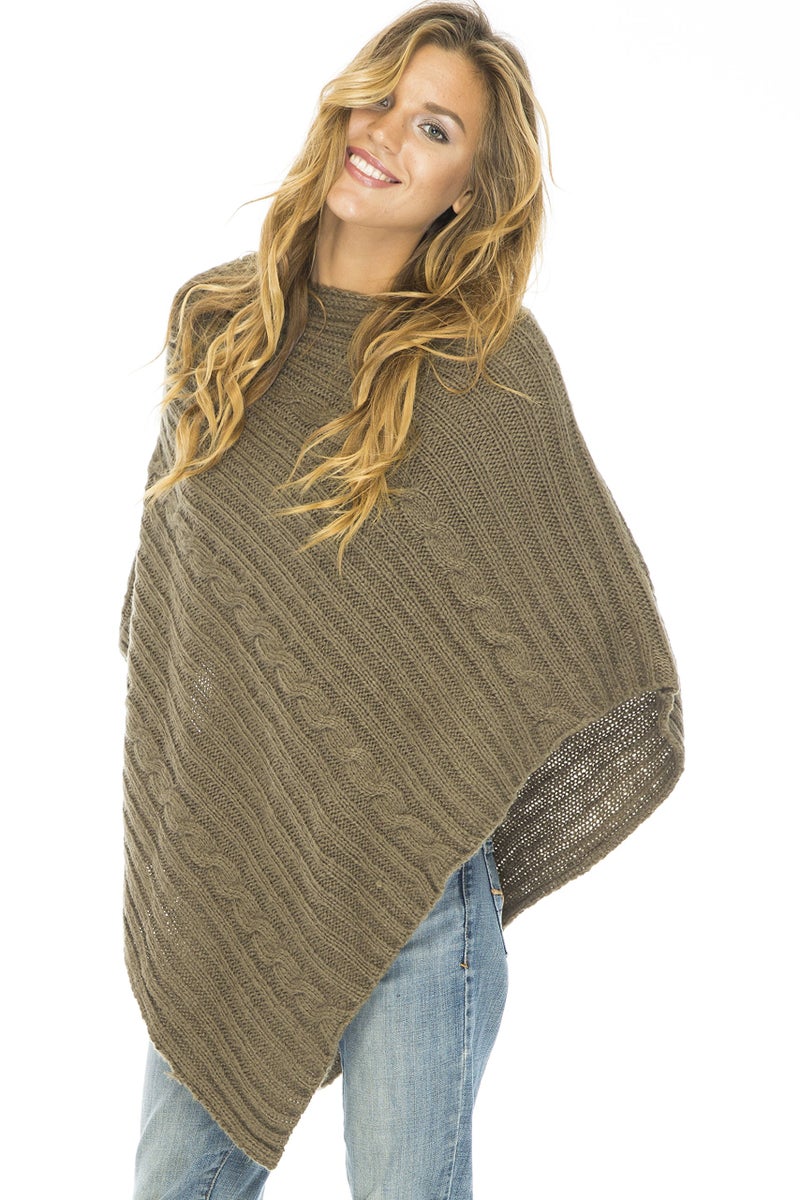 Back From Bali Olive Cable Knit Poncho Womens Sweater - Image 1