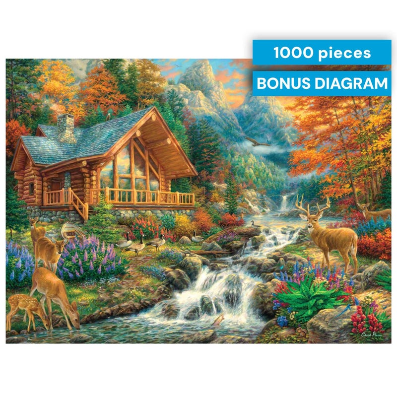 Buffalo Games - Alpine Serenity - Chuck Pinson - 1000 Piece Autumn Jigsaw Puzzle for Adults - Fall Mountain Cabin Scene - Challenging Puzzle for Game Nights - Finished Size 26.75 x 19.75 - Made in USA - Image 1