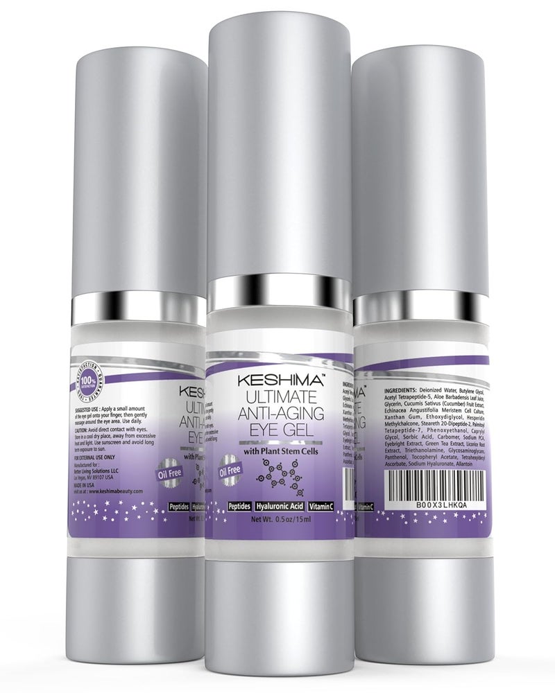 Keshima Eye Gel for Crows Feet Puffiness Sagging Skin Dark Circles and Wrinkles Cream with Plant Stem Cells Vitamin C Hyaluronic Acid Complex Peptides Aloe Green Tea Oil Free - Image 4