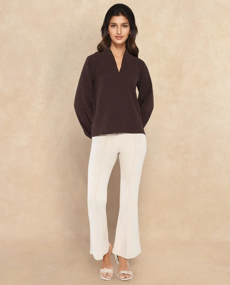 Rareism Rareism Women Bummo Brown Balloon Sleeve V-Neck Regular Fit Plain Top