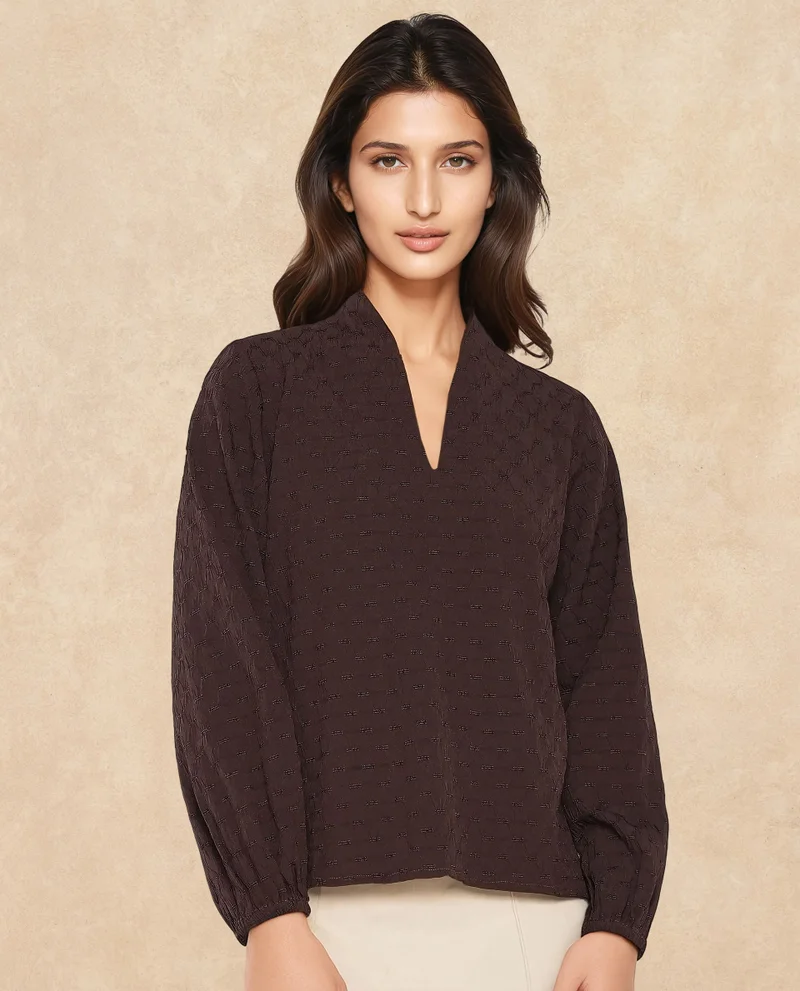 Rareism Rareism Women Bummo Brown Balloon Sleeve V-Neck Regular Fit Plain Top