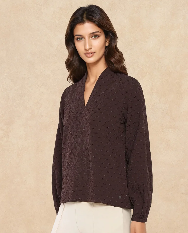 Rareism Rareism Women Bummo Brown Balloon Sleeve V-Neck Regular Fit Plain Top