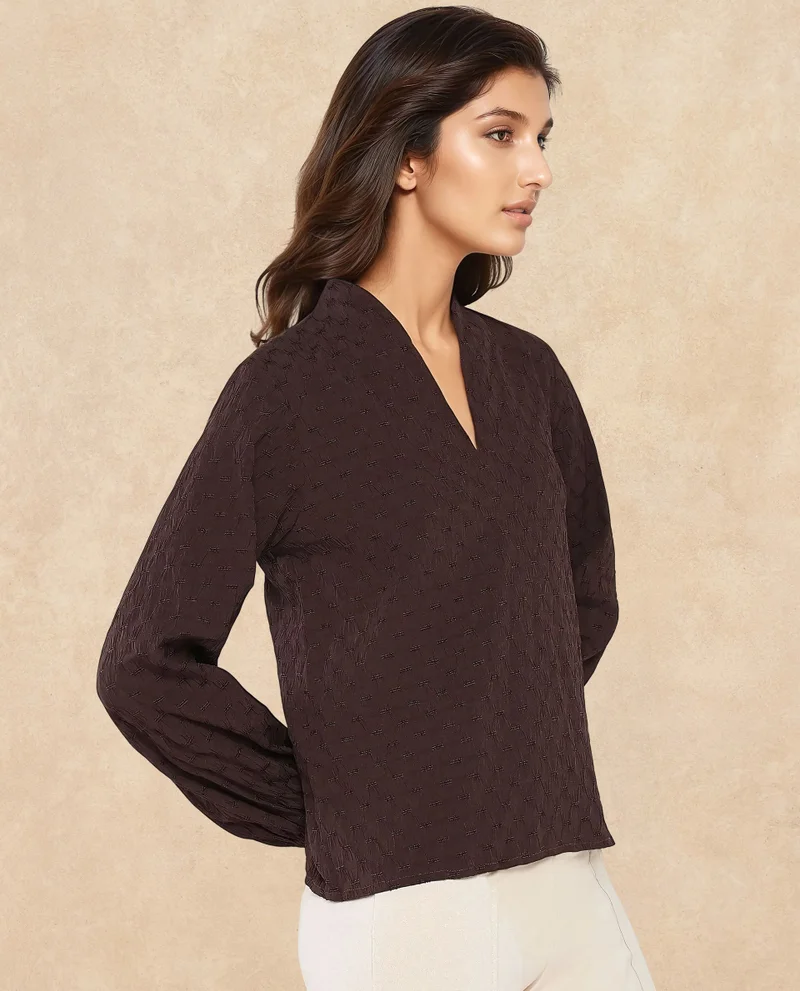 Rareism Rareism Women Bummo Brown Balloon Sleeve V-Neck Regular Fit Plain Top