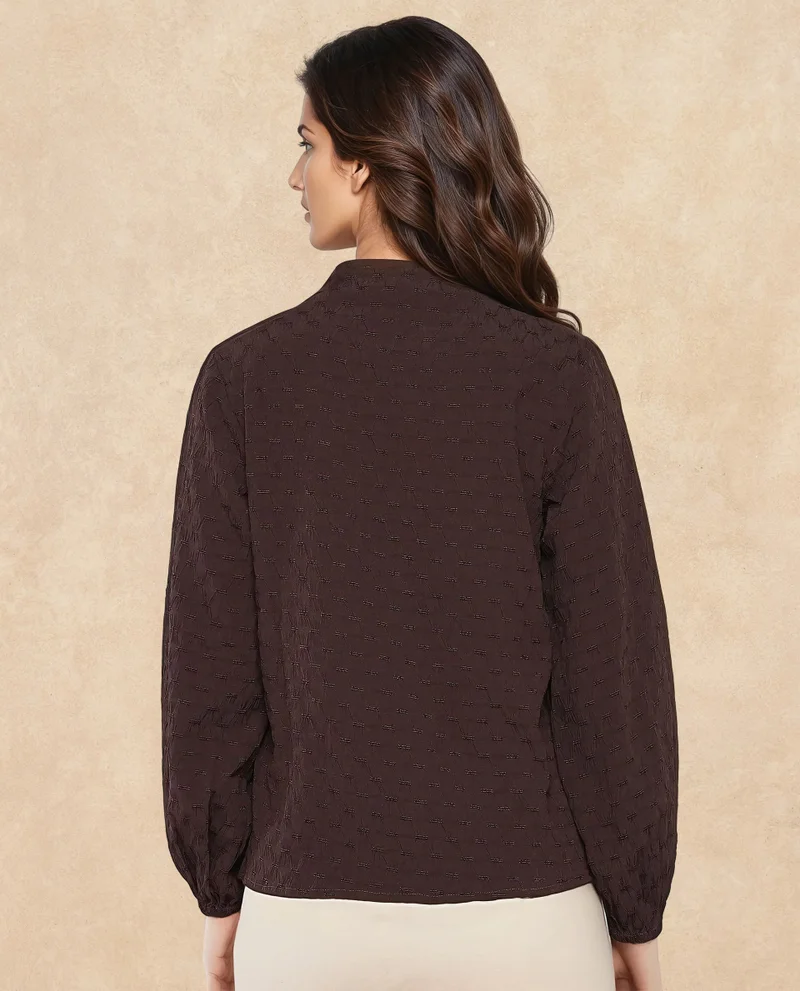 Rareism Rareism Women Bummo Brown Balloon Sleeve V-Neck Regular Fit Plain Top