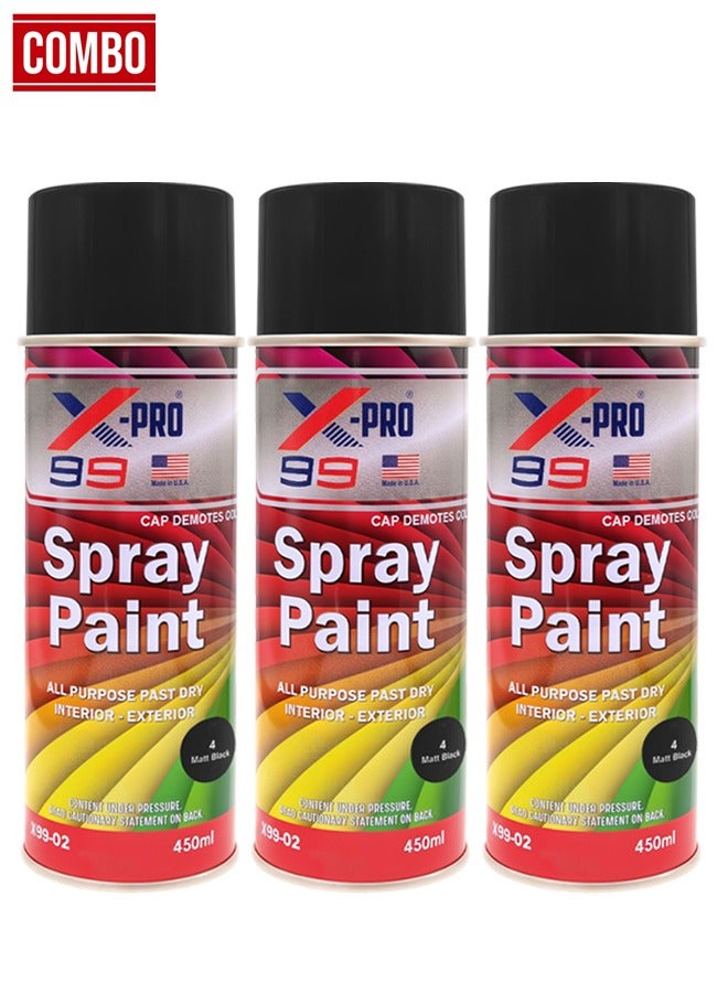 إكس برو مجموعة X-PRO - اشترِ 3 قطع من طلاء الرش X-PRO 99 أسود غير لامع سعة 450 مل، طلاء سريع الجفاف متعدد الأغراض للاستخدام الداخلي والخارجي، مثالي للسيارات والخشب والمعادن والقماش والمزيد X99-02 - Image 1