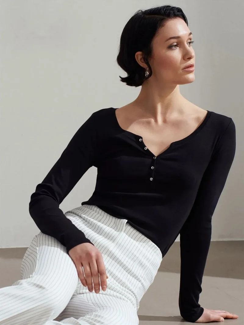 Dilvin DILVIN Slim Fit Cotton Long Sleeve Button Blouse