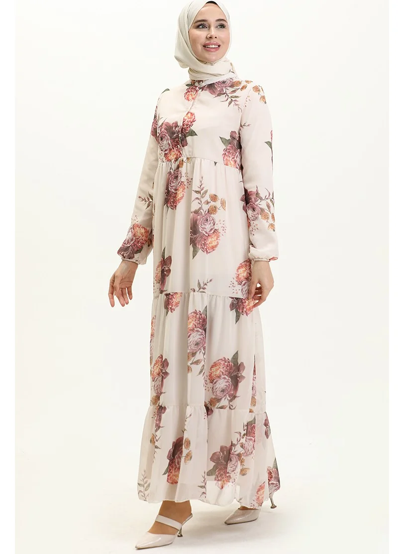 Sefa Merve Floral Patterned Chiffon Dress 81842-01 Beige