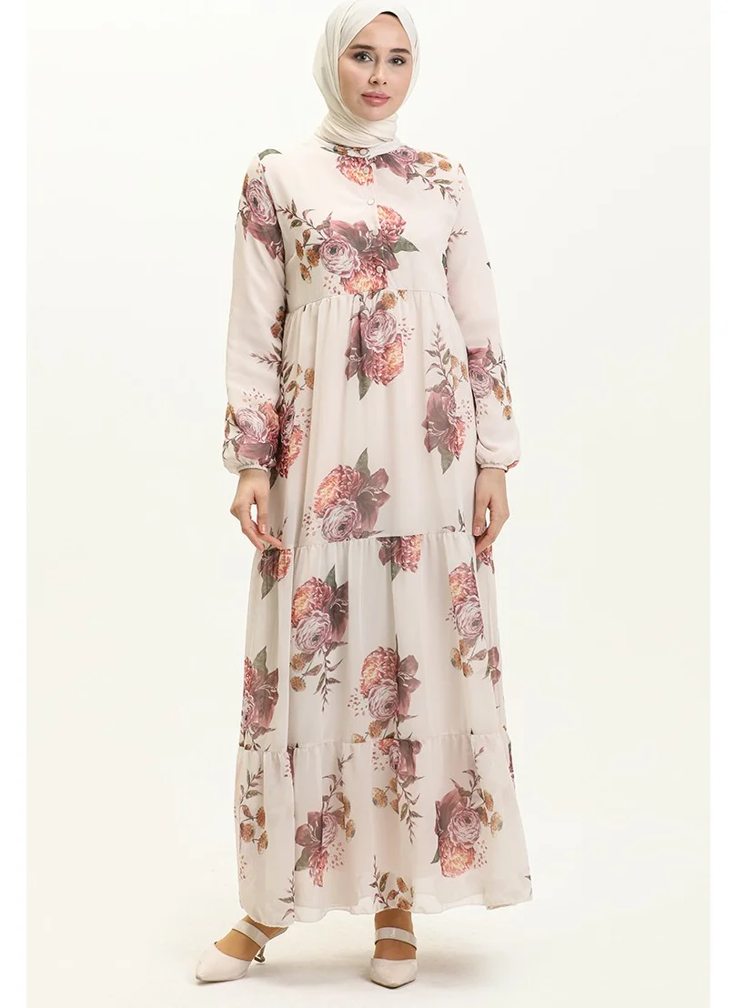 Sefa Merve Floral Patterned Chiffon Dress 81842-01 Beige