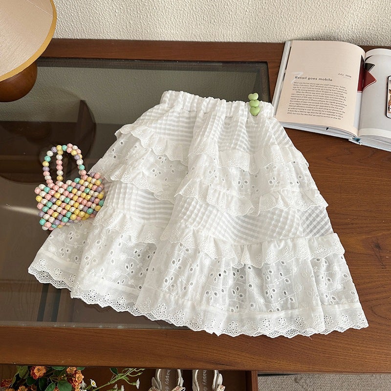 Girls Cake Skirt 2025 Spring and Autumn New Childrens Sweet Layers Skirt Baby Girls Spring Korean Style Skirt White 