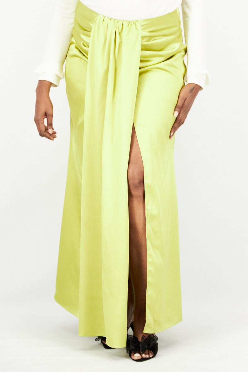 Yaura Women Plus Size Satin Maxi Skirt, Lime - Image 1