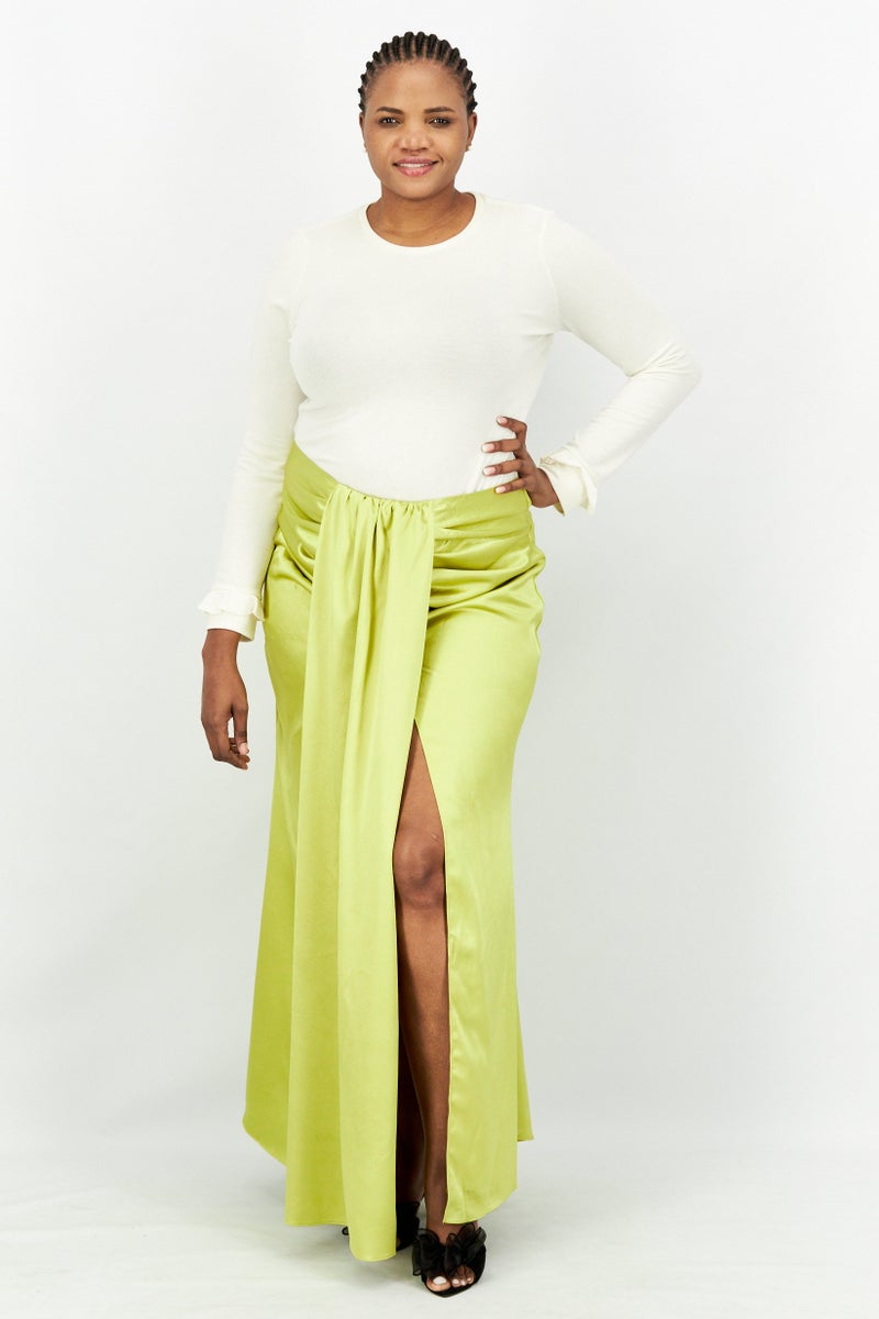 Yaura Women Plus Size Satin Maxi Skirt, Lime - Image 3