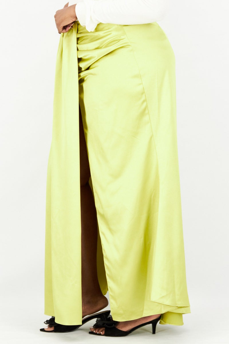 Yaura Women Plus Size Satin Maxi Skirt, Lime - Image 2
