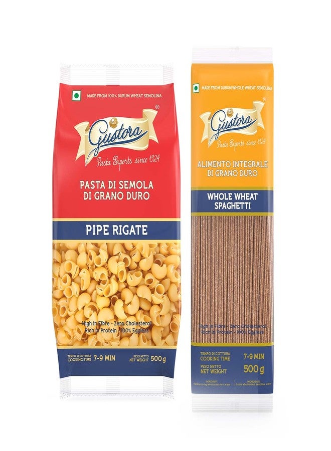 Gustora Healthy Pipe Rigate & Whole Wheat Spaghetti Pasta Combo I Durum Wheat Semolina I Rich In Protein & Fibre I Zero Cholesterol I Vegetarian I No Trans - Fat I Cooking Time 10 Min - (500 Gm X 2) - Image 1