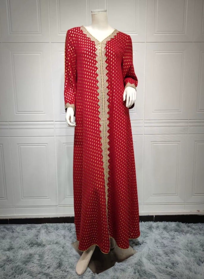 إسكدنيا إمرأة ثوب فضفاض نمط يطبع مسلمة وقت فراغ ثوب طويل Abaya أحمر - Image 2